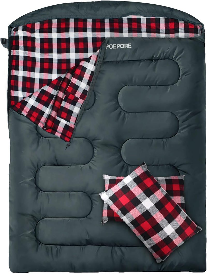 POEPORE Double Sleeping Bag Flannel for Adults with 2 Pillows 2 Person Sleeping Bags Camping XXL Queen Size Two Person Sleeping Bag for Cold Weather - Image 1